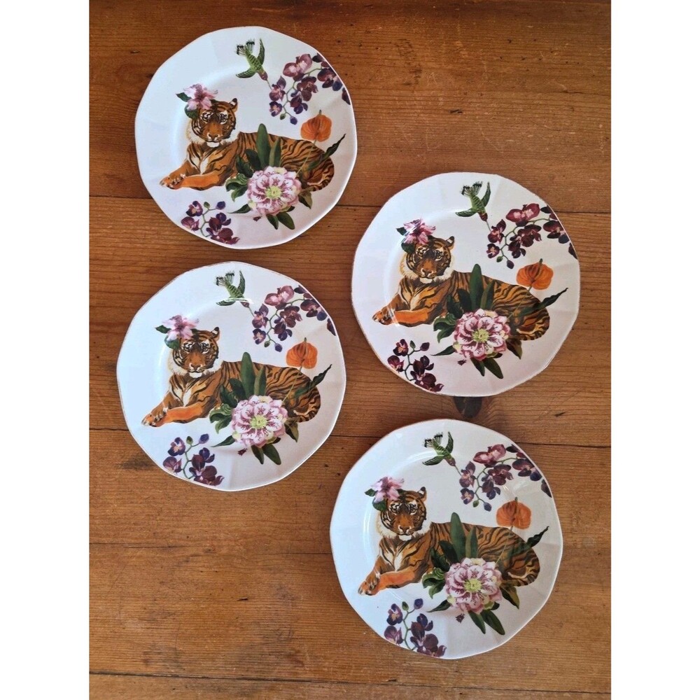 4 Anthropologie Nathalie Lete Titania 8" Colorful Tiger Dessert Salad Plates